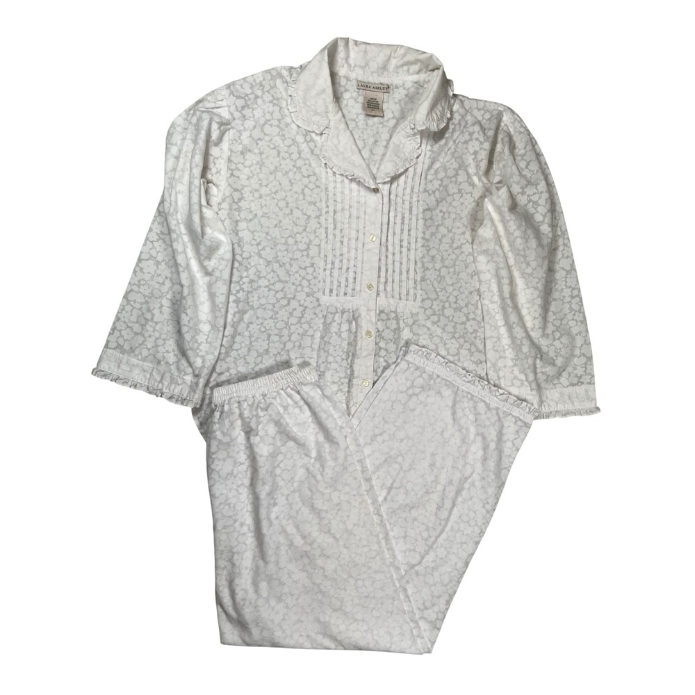 Laura Ashley Pajama Set Women Medium White Floral Burnout Ruffle 2PC Sleepwear‎